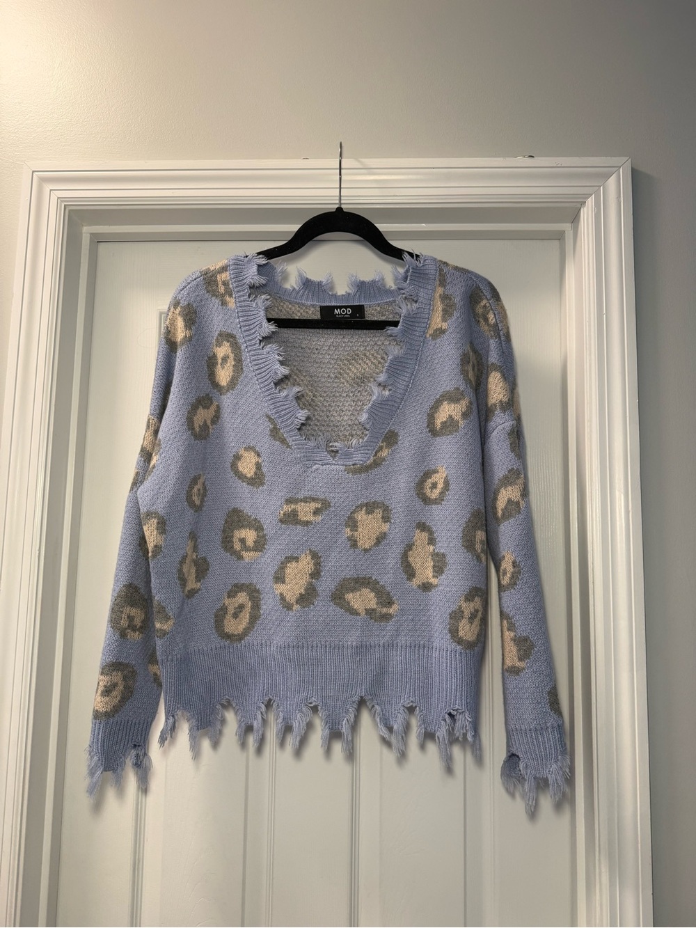 Light Blue Distressed Leopard V-Neck Sweater